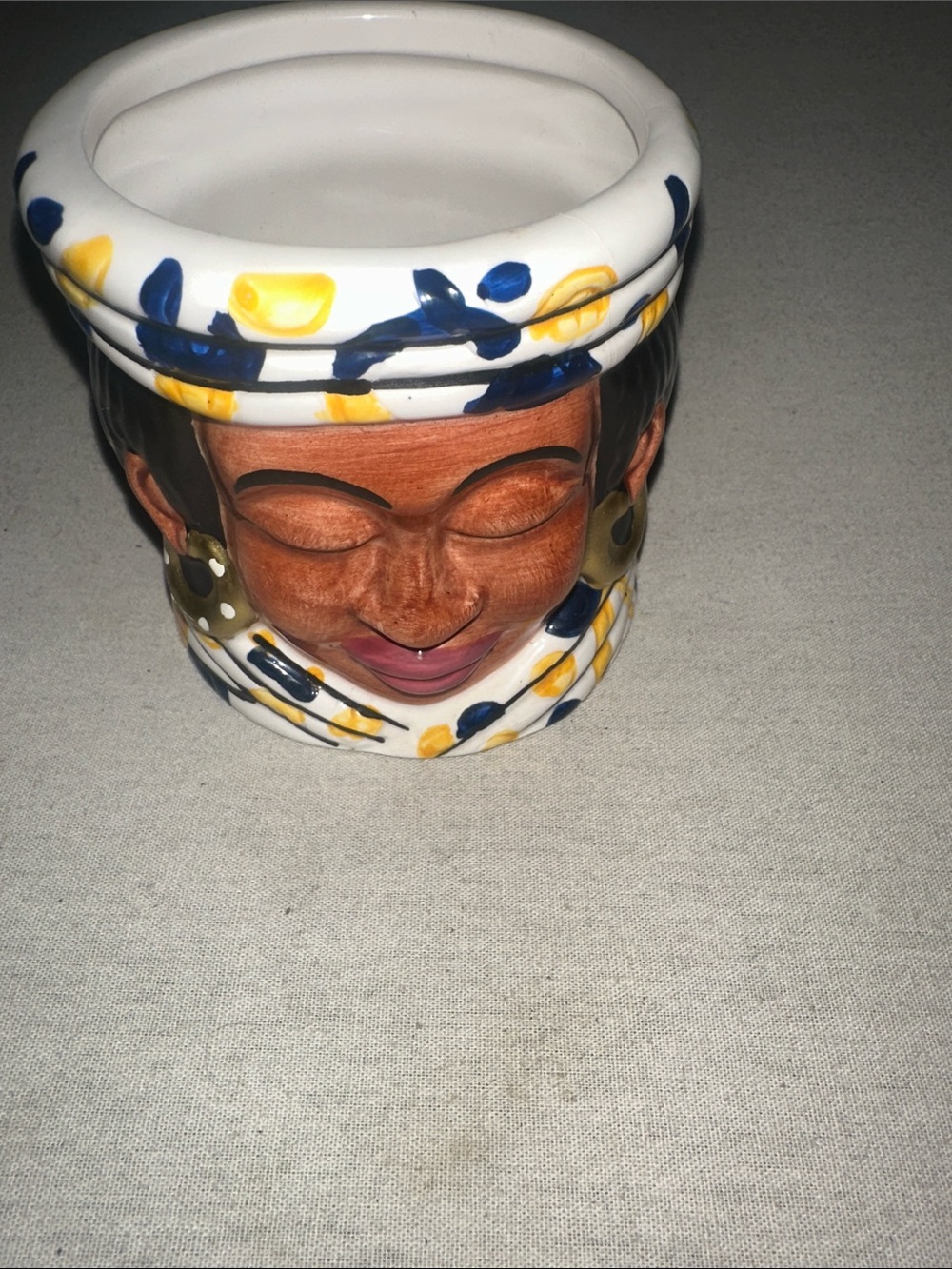 Vintage Collectible Hand-Painted Ceramic Face Planter in White, Blue & Yellow